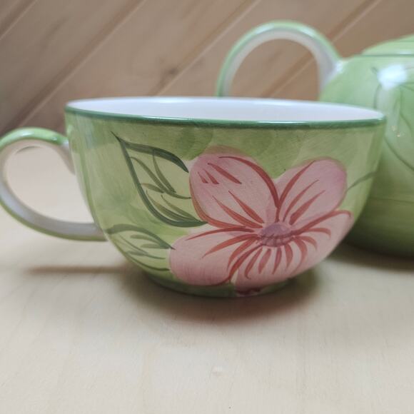 Vintage April Cornell Ceramic Teapot Cup/Pitcher Nesting Set Green Pink Flower - Picture 7 of 10